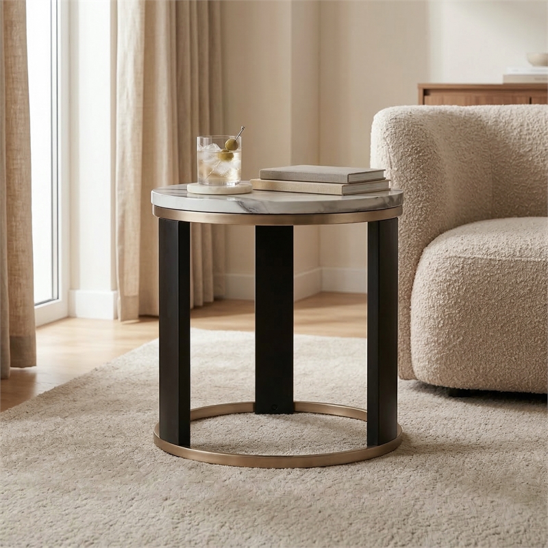 Furniture of America Mirena Wood and Faux Marble Top Round End Table in Black