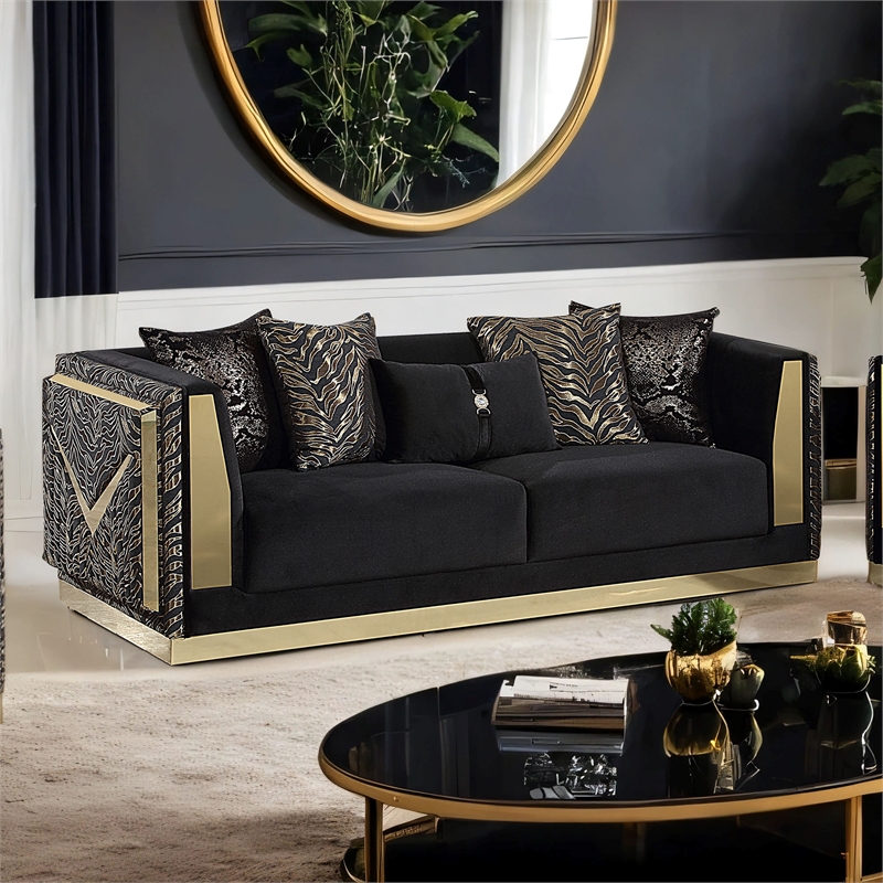 Furniture of America Samison Fabric Zebra Print Gold Trim Sofa in Black