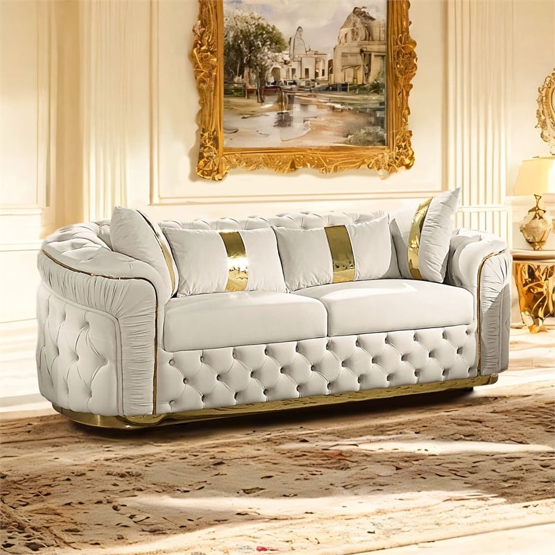 Furniture of America Elbrook Fabric Slope Curved Arm Sofa in Beige