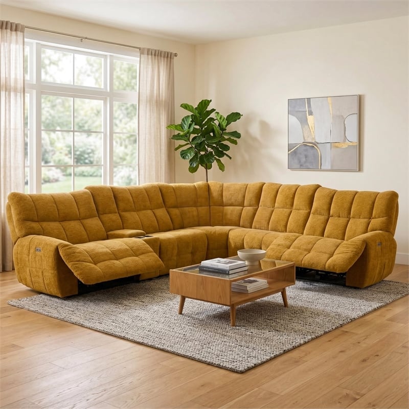 Furniture of America Tavie Chenille L-Shaped Power Sectional with USB in Yellow