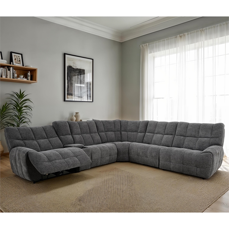 Furniture of America Tavie Chenille L-Shaped Power Sectional with USB in Gray
