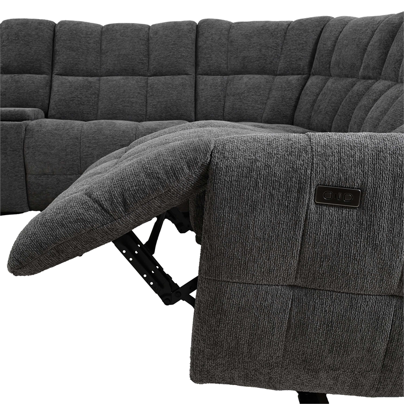 Furniture of America Tavie Chenille L-Shaped Power Sectional with USB in Gray