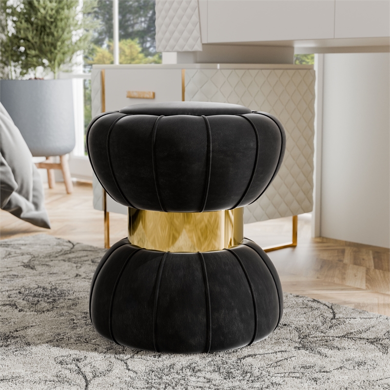 Furniture of America Magnus Velvet Round Bow Tie Design Stool in Black