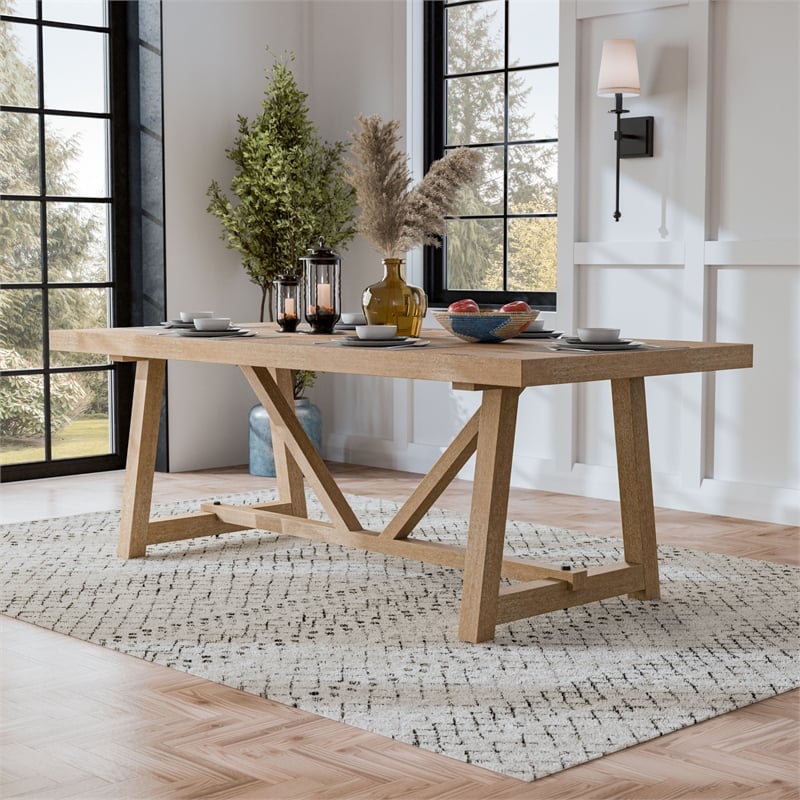 Furniture of America Wellen Solid Wood Trestle Base Dining Table in Oak