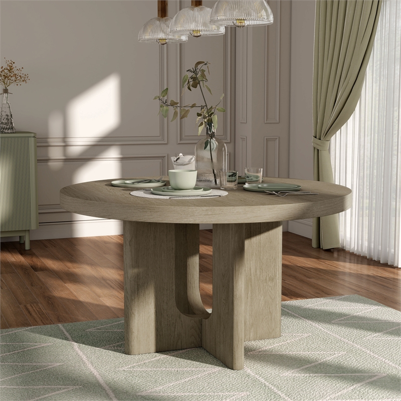 Furniture of America Selyra Solid Wood Pedestal Round Dining Table in Oak