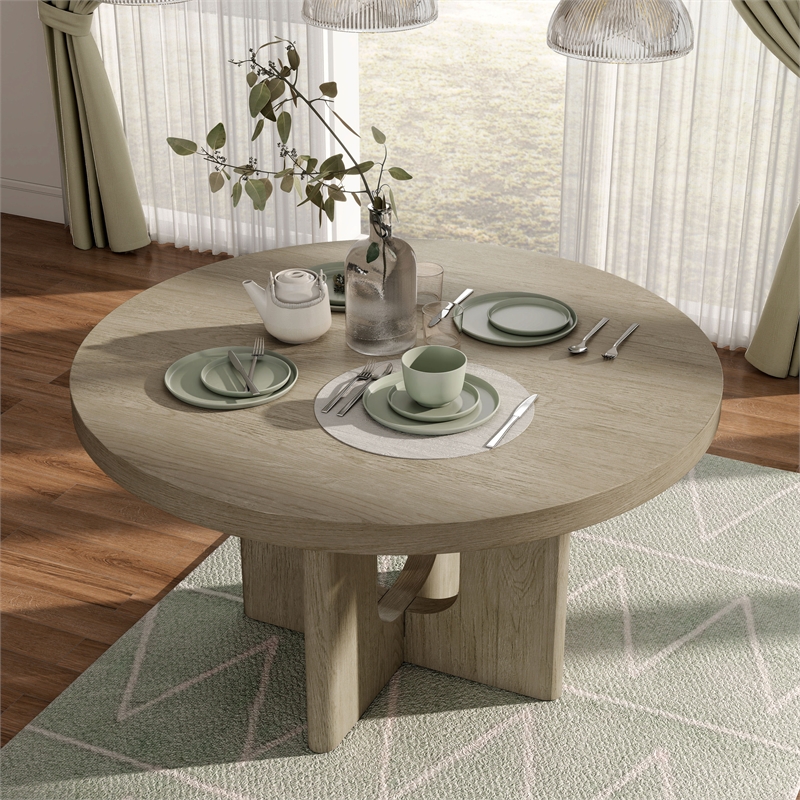 Furniture of America Selyra Solid Wood Pedestal Round Dining Table in Oak