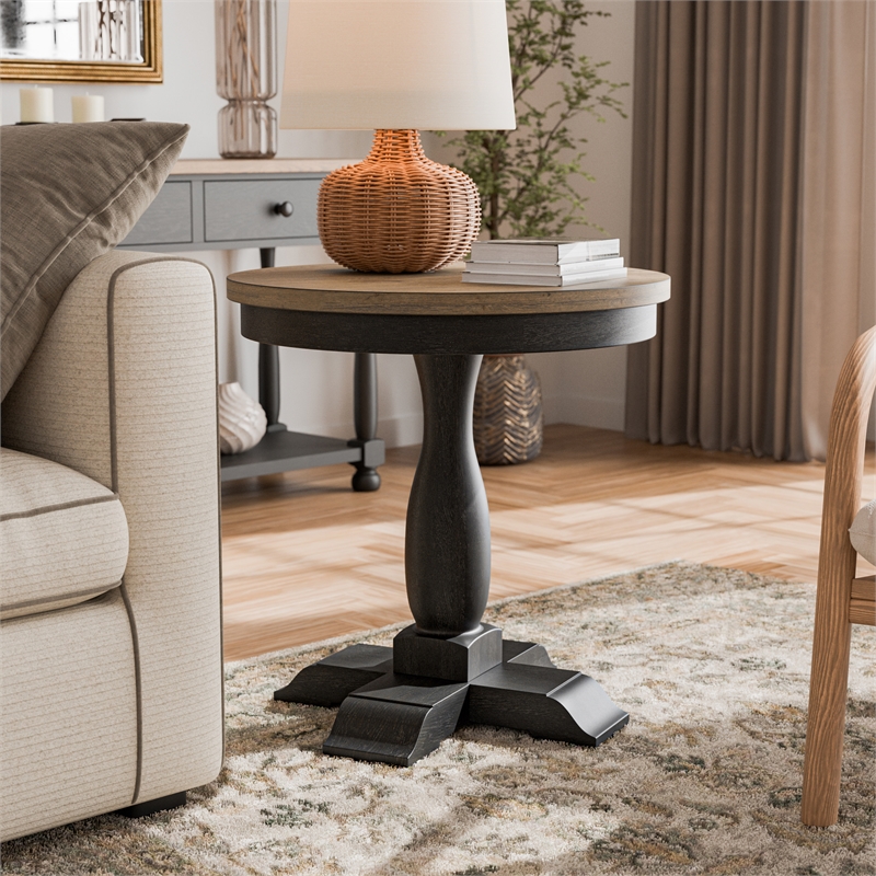 Furniture of America Narella Wood Round End Table in Black and Brown