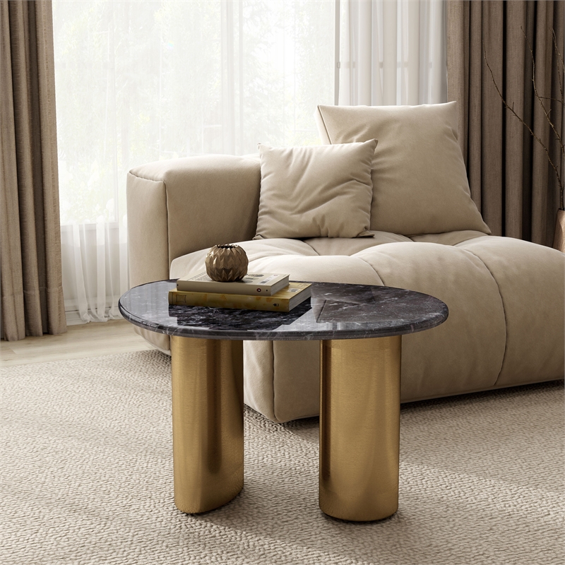 Furniture of America Gavora Stone Top and Steel End Table in Gray