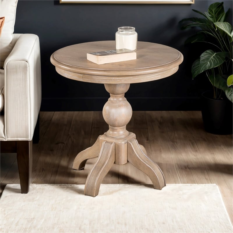 Furniture of America Shelimar Solid Wood Round End Table in Beige