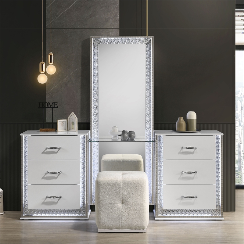 Furniture of America Belen Wood LED Lighting Vanity Set with Stool in White