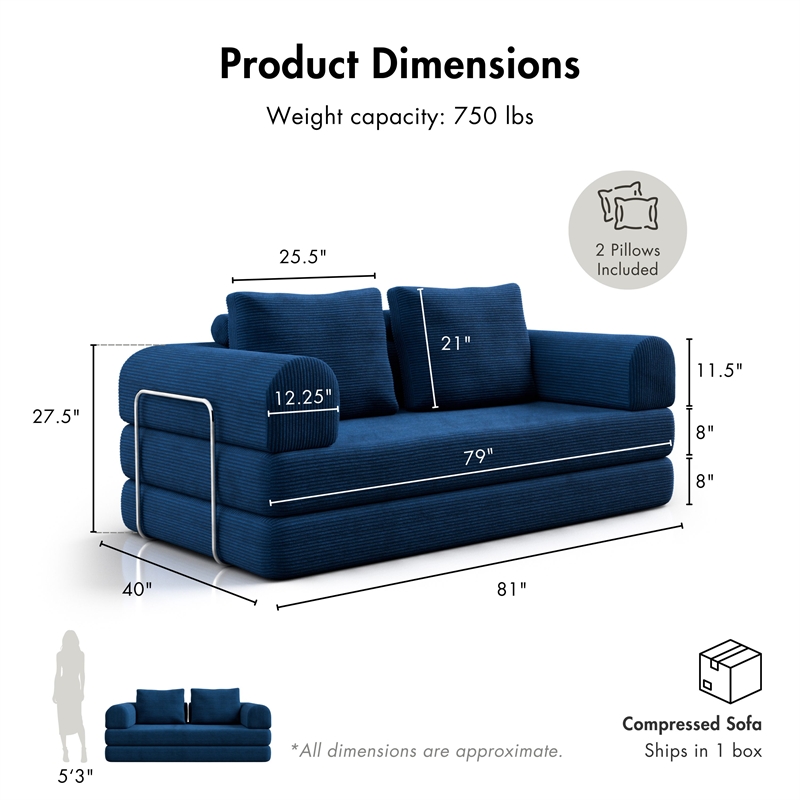 Furniture of America Rowan Modular Foam Corduroy Chenille Sofa in Blue