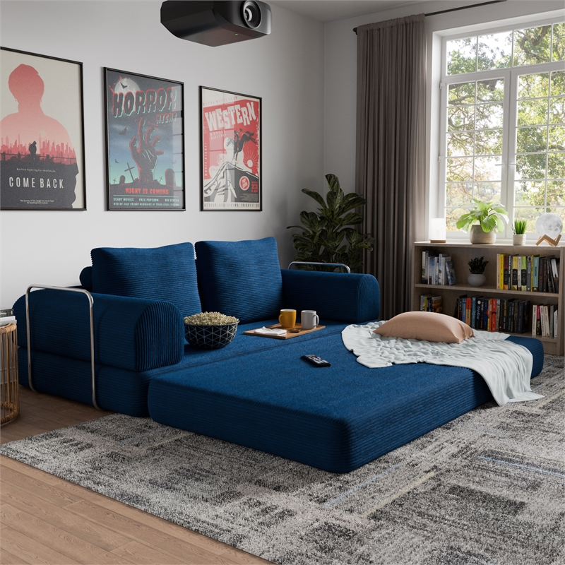 Furniture of America Rowan Modular Foam Corduroy Chenille Sofa in Blue