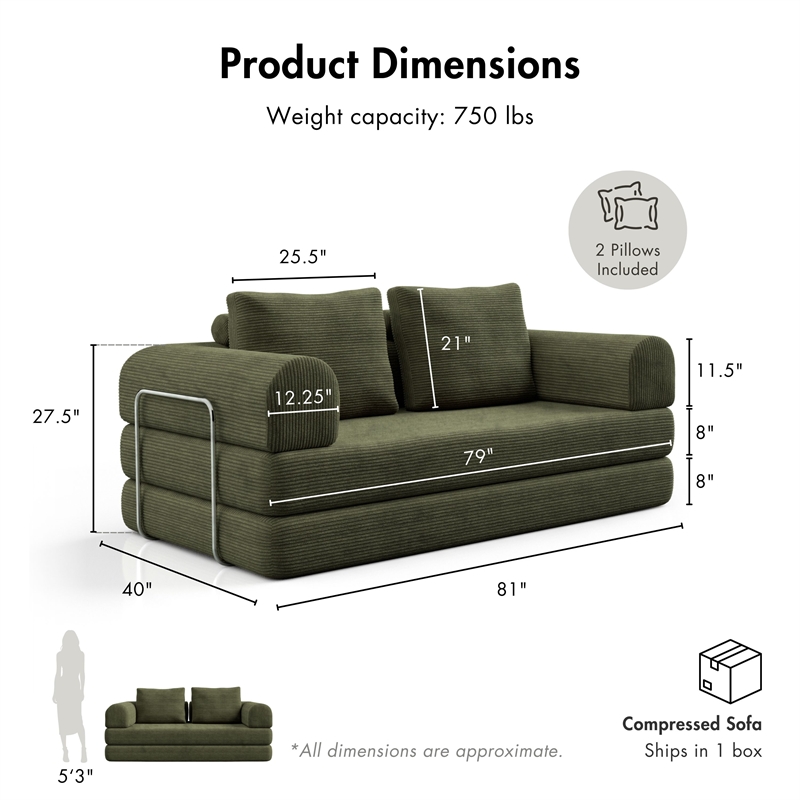 Furniture of America Rowan Modular Foam Corduroy Chenille Sofa in Green