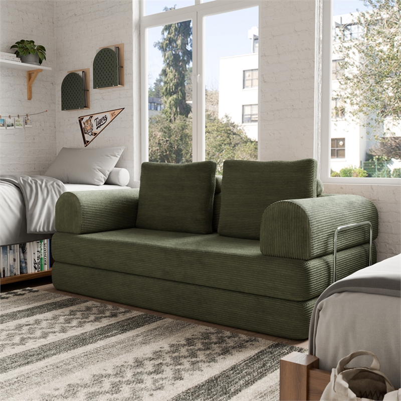 Furniture of America Rowan Modular Foam Corduroy Chenille Sofa in Green