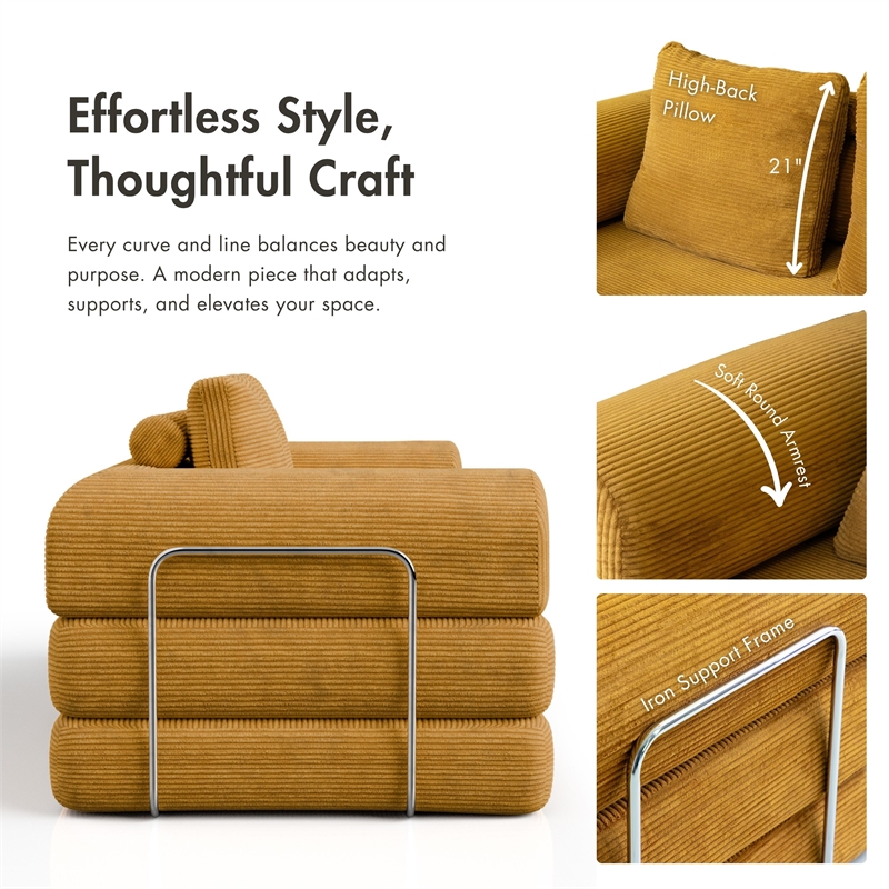 Furniture of America Rowan Modular Foam Corduroy Chenille Sofa in Yellow