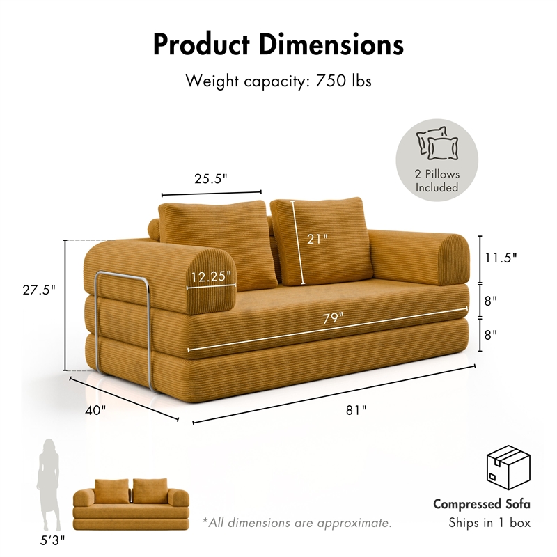 Furniture of America Rowan Modular Foam Corduroy Chenille Sofa in Yellow