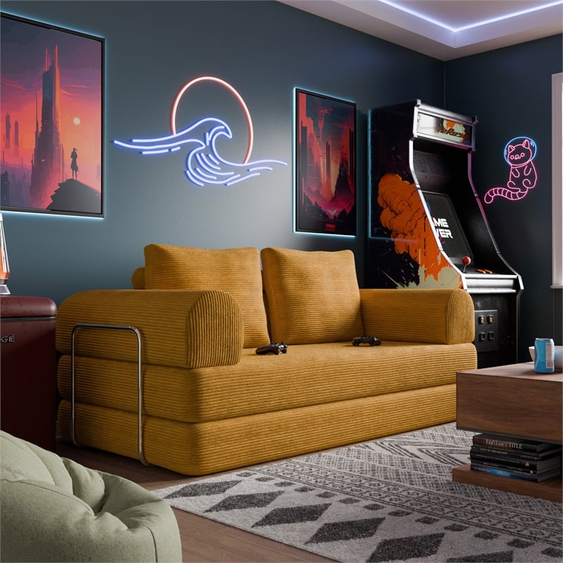 Furniture of America Rowan Modular Foam Corduroy Chenille Sofa in Yellow