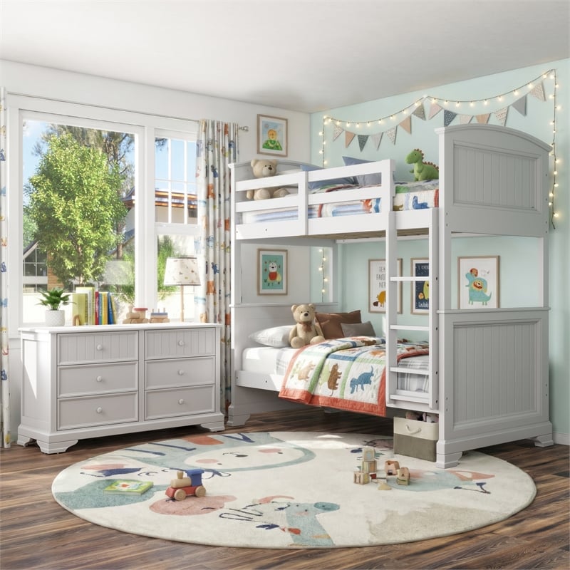 Furniture of America Agis Wood 2-Piece Bunk Bed and Dresser Set in White