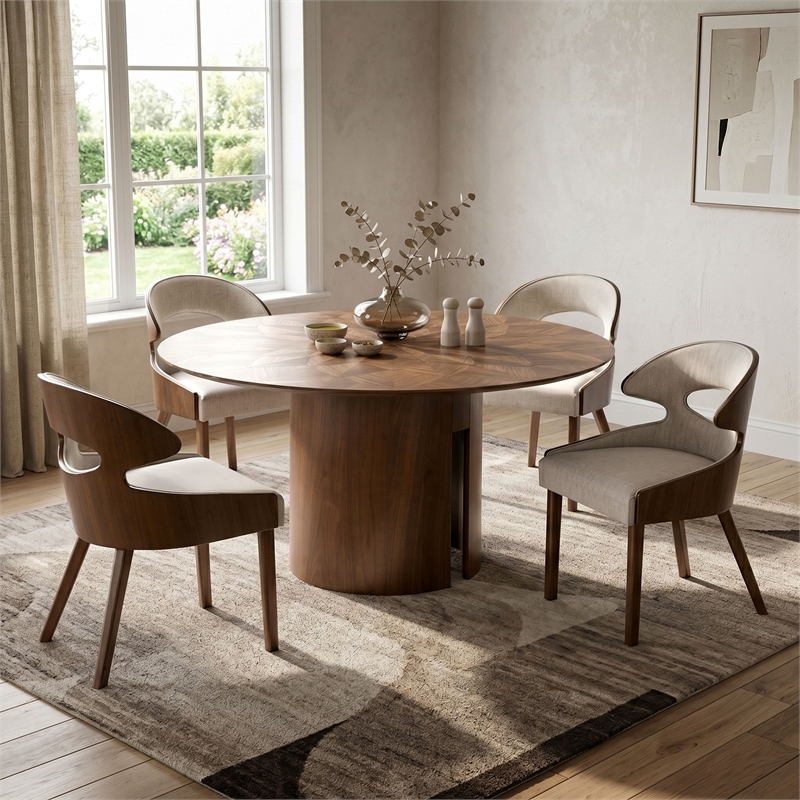 Furniture of America Lefevia Solid Wood 5-Piece Round Dining Table Set in Walnut