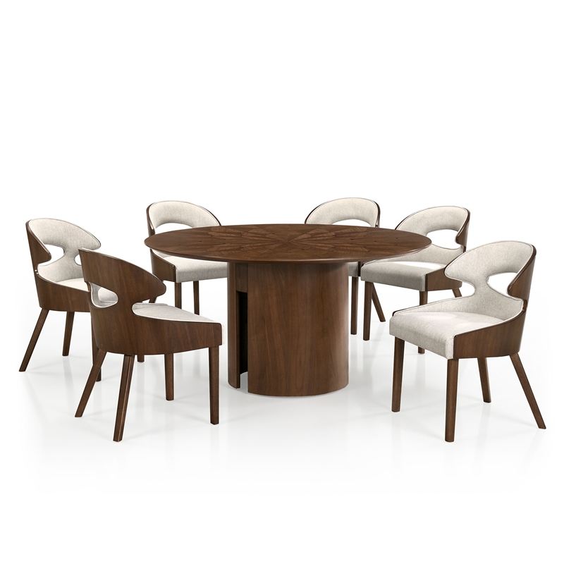 Furniture of America Lefevia Solid Wood 7-Piece Round Dining Table Set in Walnut