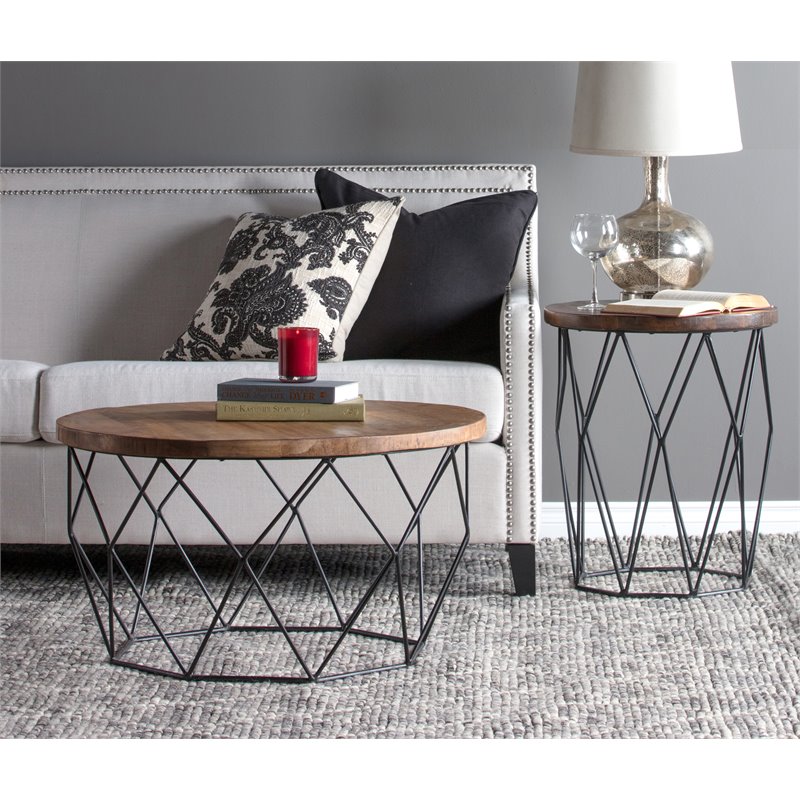 Trent Home Round Wood and Iron Coffee Table in Chestnut Brown/Black