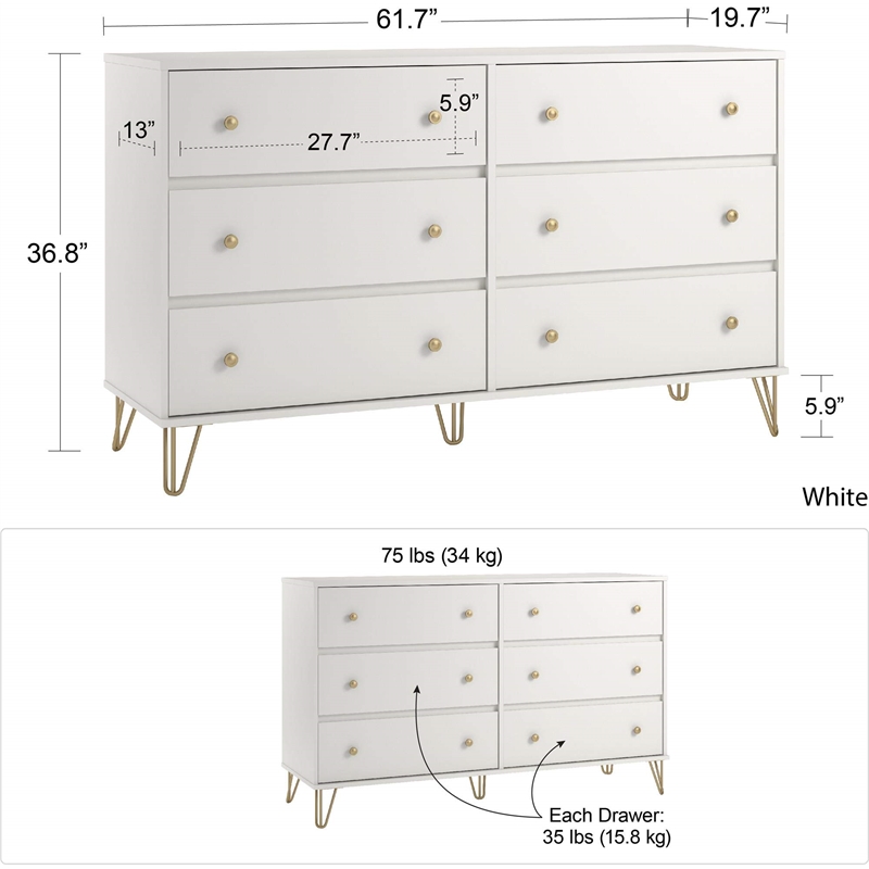 Trent Home Engineered Wood Contemporary 6 Drawer Dresser in White