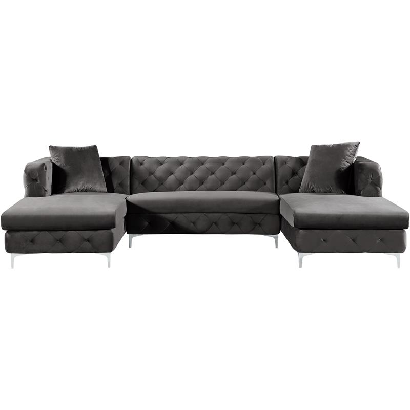Trent Home Contemporary 3-Piece Velvet Sectional in Gray
