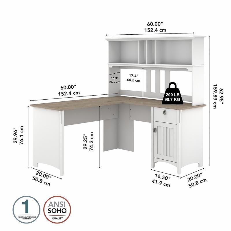 Trent Home 60W L Shaped Desk with Hutch in White and Shiplap Gray