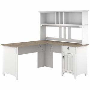 Trent Home 60W L Shaped Desk with Hutch in White and Shiplap Gray