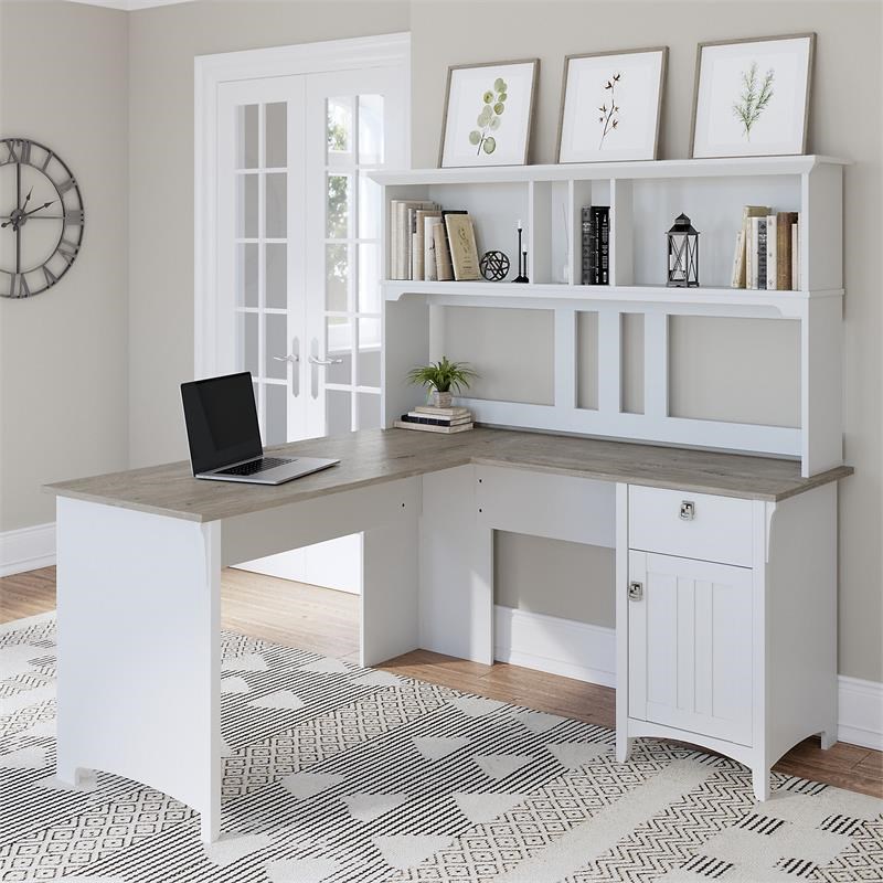 Trent Home 60W L Shaped Desk with Hutch in White and Shiplap Gray