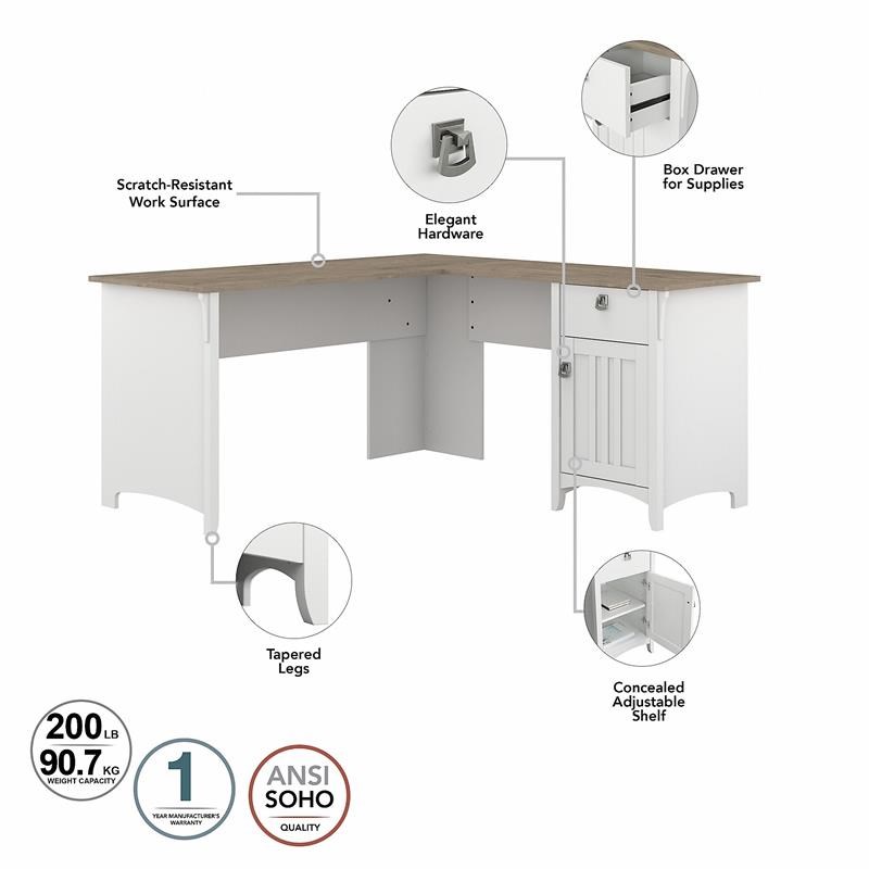 Trent Home 60W L Shaped Desk with Hutch in White and Shiplap Gray