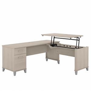 trent home 3 position sit to stand l shaped engineered wood desk in sand oak