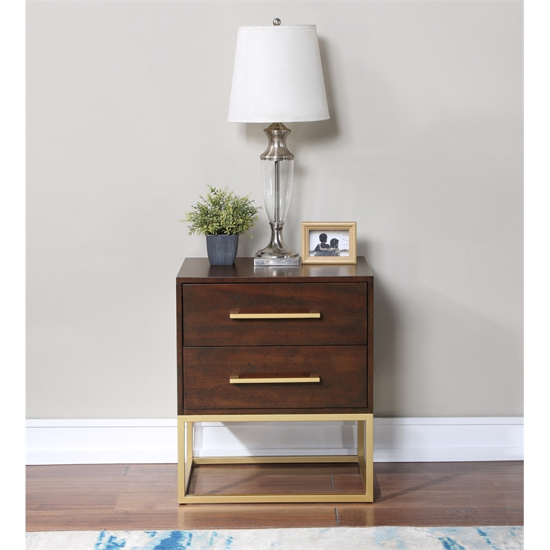 Trent Home Contemporary Wood Night Stand in Dark Cherry/Brushed Gold