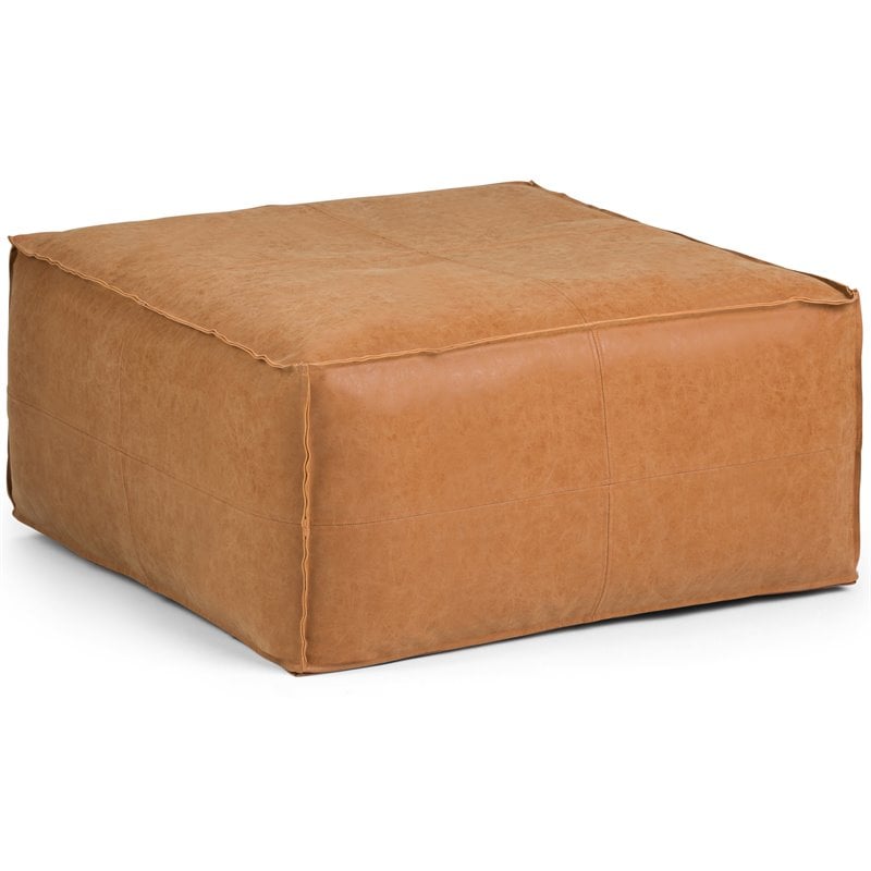 Trent Home Boho Large Square Coffee Table Pouf in Distressed Brown Faux Leather