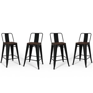 Trent Home 24&quot Industrial Metal Wood Counter Stool in Black (Set of 4)