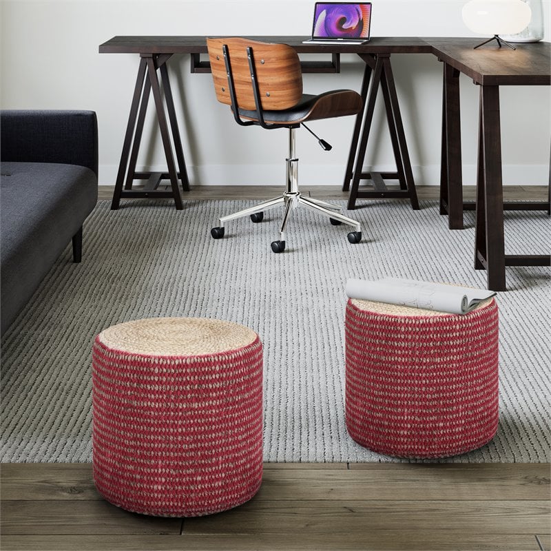 Trent Home Boho Round Braided Pouf in Natural and Maroon Jute
