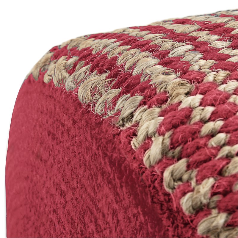 Trent Home Boho Round Braided Pouf in Natural and Maroon Jute