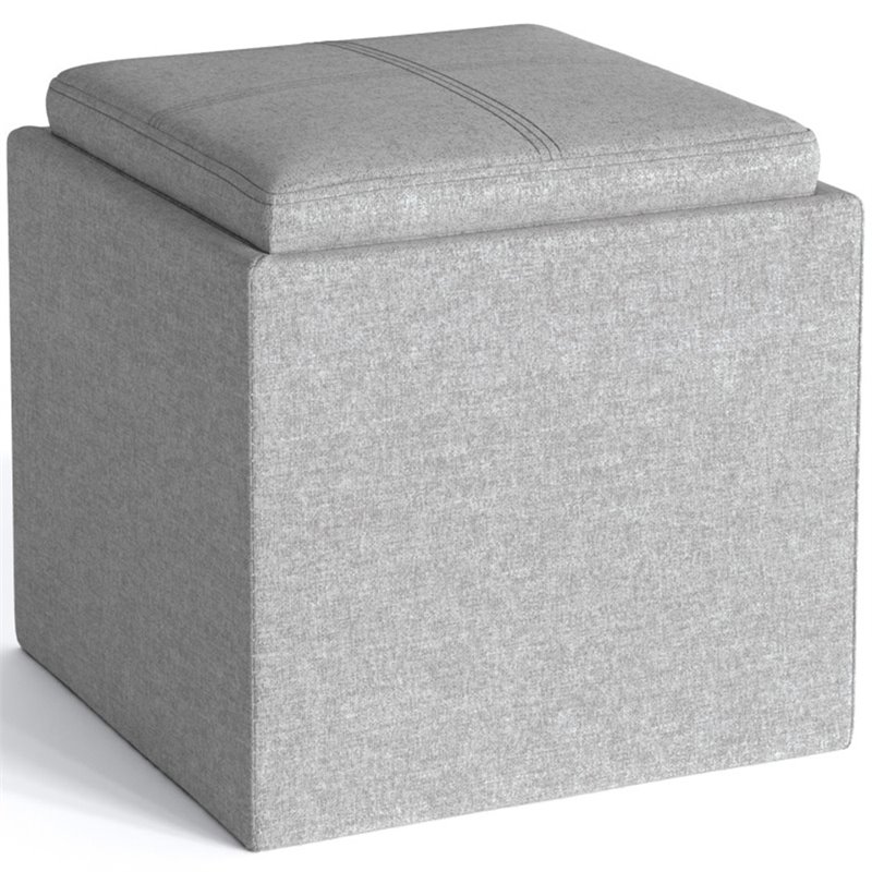 Trent Home Square Linen Fabric Storage Ottoman With Tray in Cloud Gray