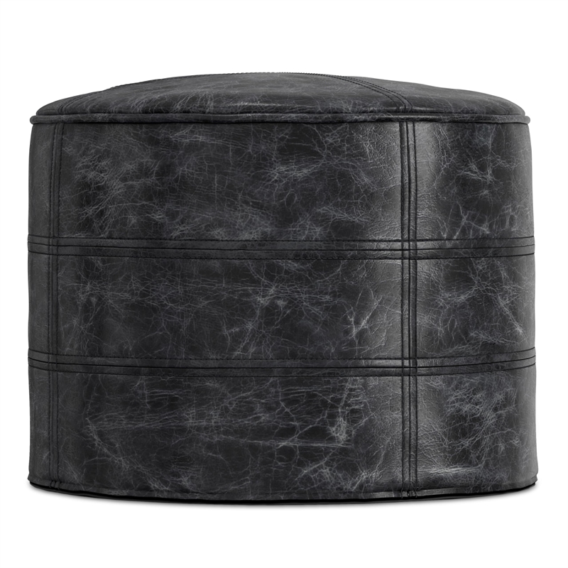 Trent Home Boho Round Pouf in Distressed Black Genuine Leather