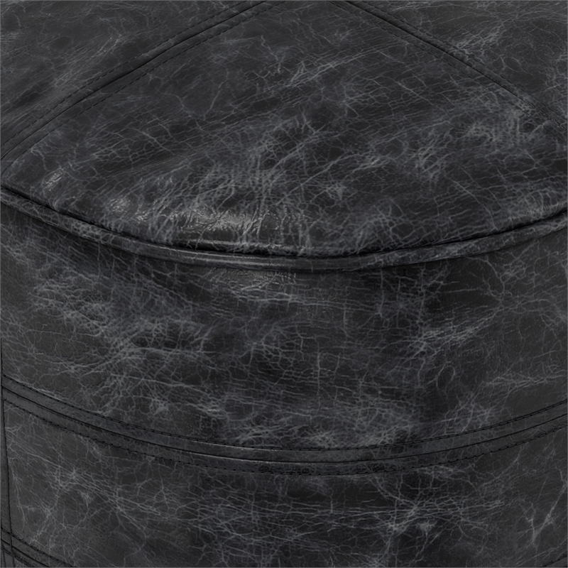 Trent Home Boho Round Pouf in Distressed Black Genuine Leather