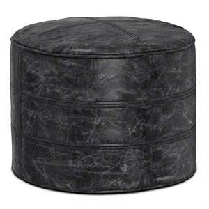Trent Home Boho Round Pouf in Distressed Black Genuine Leather