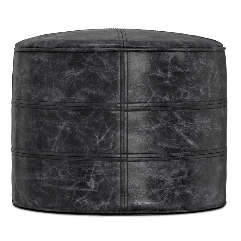 Trent Home Boho Round Pouf in Distressed Black Genuine Leather