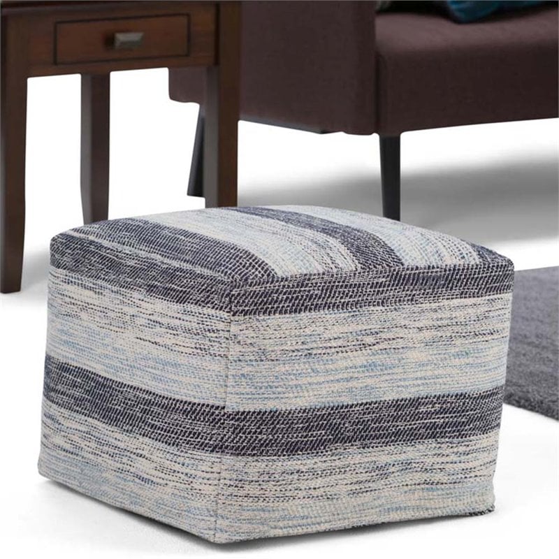 Trent Home Boho Square Pouf in Patterned Blue Melange Cotton