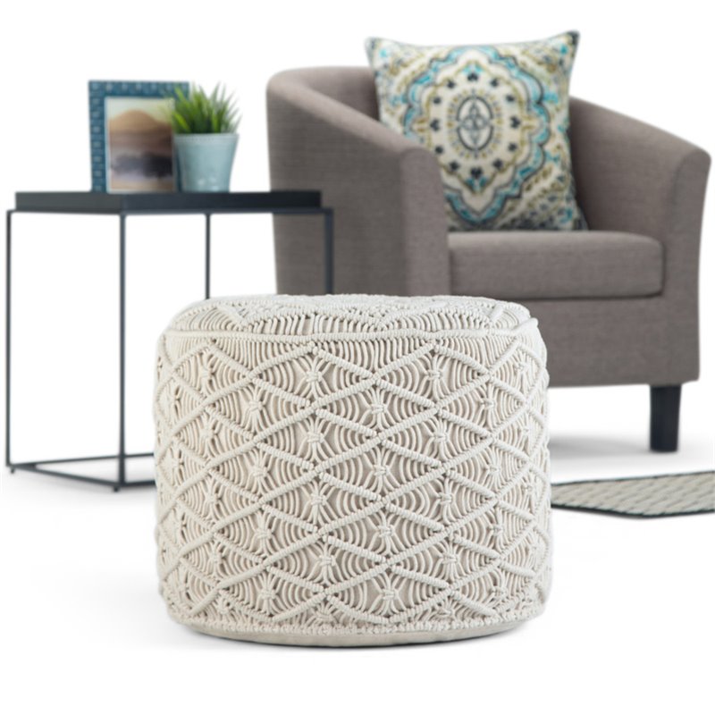 Trent Home Boho Round Macrame Pouf in Natural Cotton