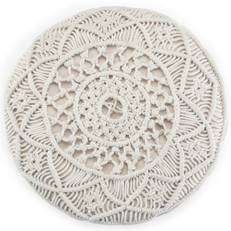 Trent Home Boho Round Macrame Pouf in Natural Cotton