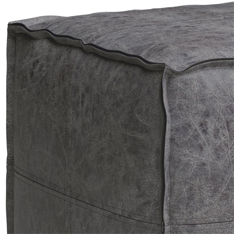 Trent Home Boho Square Pouf in Distressed Black Faux Leather