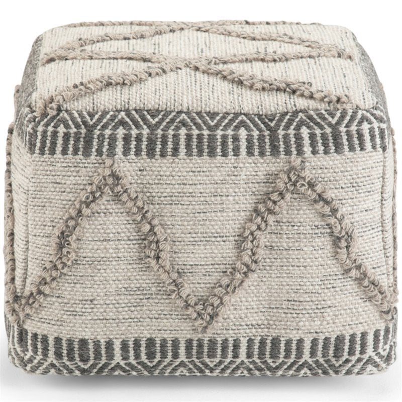 Trent Home Boho Square Pouf in Gray and Natural Handloom Woven Pattern