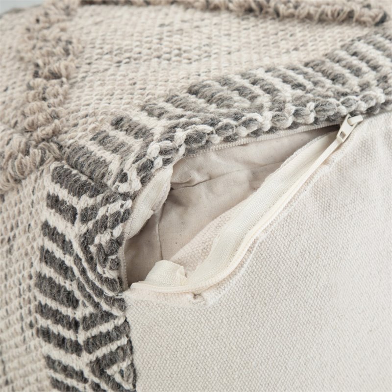 Trent Home Boho Square Pouf in Gray and Natural Handloom Woven Pattern