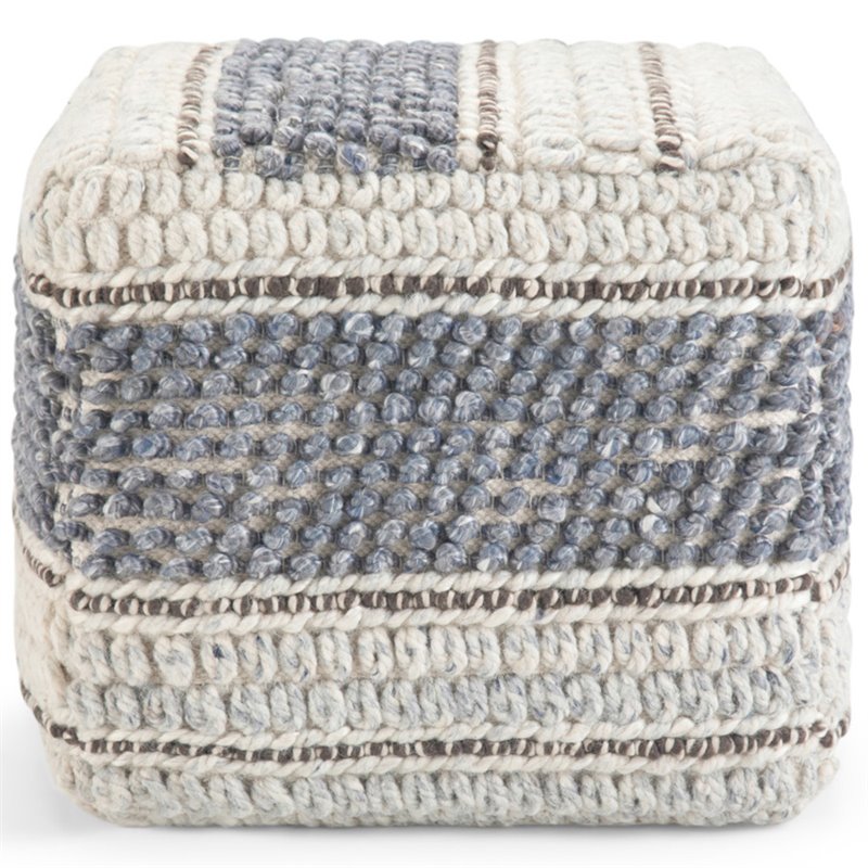 Trent Home Boho Square Pouf in Blue and Natural Handloom Woven