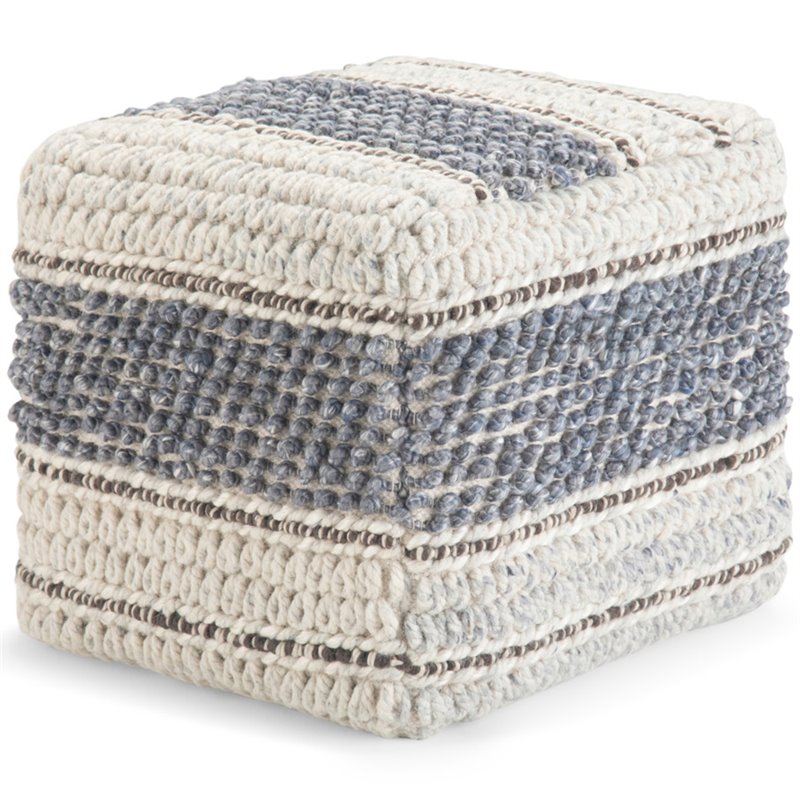 Trent Home Boho Square Pouf in Blue and Natural Handloom Woven